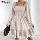 Celmia Elegant Women Ruffled Sundress 2022 Puff Long Sleeve Sexy Square Collar Mini Dress Casual Solid Pleated Party