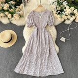 Boho Women Floral Printed dress V neck Puff-Sleeve dresses summer Ruffles beach midi