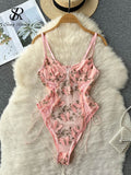 Women Butterfly Embroidery Bodysuits Transparent Mesh Camis Jumpsuits French Underwear Lace Up Sexy Beach