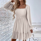 Celmia Elegant Women Ruffled Sundress 2022 Puff Long Sleeve Sexy Square Collar Mini Dress Casual Solid Pleated Party