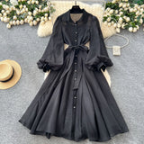 Dress Woman Autumn 2025 Court Style Niche Collar Single Buckle Strap To Belt Lantern Sleeve Long