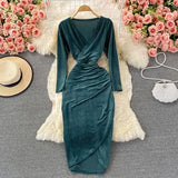 Autumn Sexy Draped Bodycon Midi Dress Women Elegant V-Neck Long Sleeve Party Robe Female Yellow/Green/Black Casual Vestidos