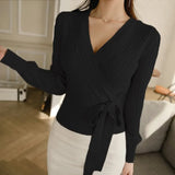 Cross V Neck Pink Sweater Women Long Sleeve Wrap Spring Autumn Lace Up Knitted Sweater Black OL Jumper Ladies Tops
