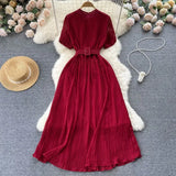 French Pleated Women Dress V Neck Short Sleeve Waist Sheath Dress Female Retro Belt Streetwear Fashion Long