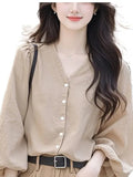 V-Neck Lantern Sleeve Top Women's Dress 2025 New Early Spring Ocean Design Wears French Chic