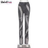 Puss Cotton Hole Jeans Trend Y2K Woman Pants Chic Print Stacked Indie Denim Skinny Elastic Slim Casual Streetwear