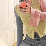 Korean Fashion Patchwork Cardigans Hollow Out Lazy Style Full Sleeve Knit Sweater Y2k Aesthetics Chic Designer