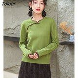 Women Sweater 2022 Winter Long Sleeve O Neck Loose Knitted Pullover Button Design Green Vintage Warm