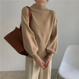 Women Autumn Winter Half Neck Sweater Tops Long Lantern Sleeve Casual Knitted Blouse Fashion Korean Elegant Office Lady