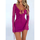 Out Dresses 2000s Women Solid Color Tie Front Long Flare Sleeve Ruffle Mini Dress Sheer Mesh Bodycon Dresses Party