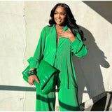 Shirts and Long Pant Two Piece Set Women Outfits Office Long Sleeve Tops Lady Trousers Set 2022 Loose Suit Clothing