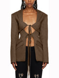 Toloer Spring Fashion Sexy V-Shaped Tie Hollow Out Waist Irregular Splicing Design Sense Suit Jacket Female-Outfit