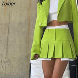 New Double-Breasted Turn Down Collar Short Blazer Jacket Pleated Mini Skirt Two Piece Set Women Fashion Matching