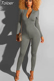 Casual Zipper Up Rompers Womens Jumpsuit Deep V Neck Full Sleeve One Piece Overall Casual Workout Skinny