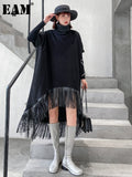 Women Black Irregular Big Size Leather Tassels Dress New Turtleneck Short Sleeve Fashion Tide Spring Autumn 2023