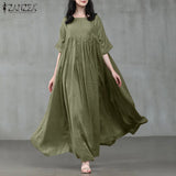 ZANZEA 2022 Vintage Summer Maxi Dress Women's Pleated Sundress Half Sleeve Long Vestidos Female Casual O Neck Robe