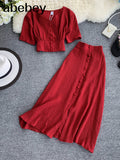Women Two Piece Set 2022 Sexy Summer Outfits Woman Clothes Fashion V Neck Crop Top + Slim A-line Long Skirts Suits 2 Pc