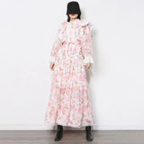 Ruffle Trim Lace Up Bow Spring Dress For Women Stand Collar Long Sleeve High Waist Print Dresses Female 2022