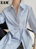 Women Blue Pleated Bandage Big Size Blouse New Lapel Long Sleeve Loose Fit Shirt Fashion Tide Spring Autumn 2023