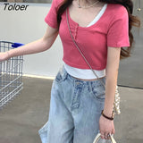 Sleeve T-shirts Women Panelled Fake Two Piece Summer Sweet Slim Ins Korean Style Chic Fashion Street New Minority