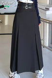 Vintage Belt Long Skirt Women Autumn 90s Aesthetic Streetwear Y2k High Waist Slim A-line Pleated Skirt Korean