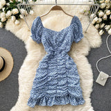 2021 Summer Chiffon Floral Dress Women Sexy Short Beach Dresses French Boho Daisy Print Vacation Party Ruched