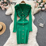 Women Ruffles Knitted Pencil Dress Korean Long Sleeve V Neck Elastic Slim Dress Autumn Winter Sexy Bodycon Warm Sweater