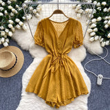 Women's Seaside Beach Pants Summer Dress New V-Neck Bubble Sleeves With Broad Legs