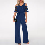 Women Sexy Off The Shoulder Wide Leg Jumpsuit Summer V Neck Loose Jumpsuits Elegant Office Lady Belt Vetidos Mujer