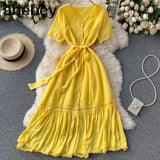 Women Elegant Solid Dress Retro Short Sleeve V Neck A-line Dresses Summer Korean Streetwear Midi Long Dress