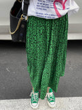 2022 Summer Print Pleated Skirt Women Fashion High Waist A-line Skirts Green Leopard Print Korean Streetwear Long