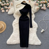 Halter Hollow Out Sexy Knitted Dress One Shoulder Long Sleeve Elastic Slim 2022 Women Autumn Split Party Sweater
