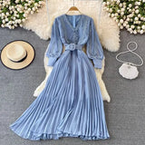 Red/Yellow/Black Embroidered Pleated Long Dress Vintage V-Neck Lantern Sleeve High Waist Draped Maxi Vestidos Female 2022