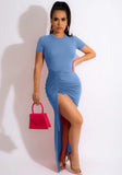 Short Sleeves Ruched Strings Slit Long Party