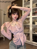 Blouses Women Square Collar Slim Waist Shirts Sweet Ruffles Drawstring Korean Blouse Crop Tops 2023 Blusas Mujer De