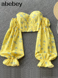 Women Boho Floral Blouse French Lace Square Collar Puff Sleeve Slim Ruffles Tops Autumn Korean Elastic Ruched