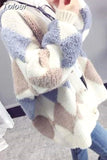 Sweater Cardigan Women Autumn Winter Korean Thick Knit Cardigans Argyle Oversized Hit Color Knitwear Outwear Coat