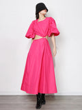 Solid Dress For Women Round Neck Short Sleeve High Waist Midi Dresses Female Korean Fashion Clothing Style New