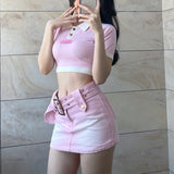 Pink Sexy Girl Jean Skirt Women Summer Y2k Belt Cute Low Waist A-line Slim Denim Mini Skirt Korean Style
