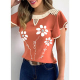Women New Fashion Ruffled Short Sleeves Chiffon Top Shirts Floral Print Round Neck Casual Slim Fit Top Blouse