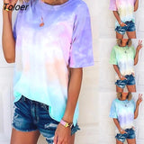 S-5XL Female Casual Summer TOP Ladies women Fashion T-shirt O Neck Short Sleeve Gradient Color Tie Dye Loose