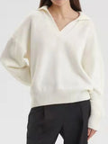 Polo Collar Sweaters Oversized Women Autumn Winter Loose Long Sleeve Top Knitted White Pullover Solid Sweater For