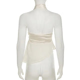 Satin Patchwork Mesh Bandage Crop Top-Outfit