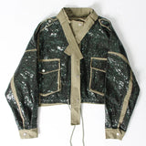 2023 Autumn Women's Autumn jackets New Fashion Round Neck Loose Zipper Pocket Long Sleeve Sequined Short Coat Female