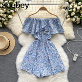Slash Neck Floral Jumpsuits Shorts Casual Summer Women Overalls Ruffles Playsuits 2022 Sexy Ruffles Playsuit Off