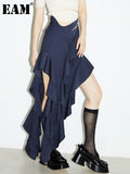 High Waist Navy Blue Irregular Ruffles Long Side Slit Half-body Skirt Women Fashion Tide New Spring Autumn 2023