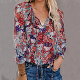 Women's Clothing 2025 Autumn And Winter New Broken Flower Printed Shirt V Collar Long-Sleeved T-Shirt Top