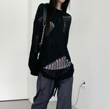 Gothic Ripped Sweater Punk Hollow Out Knitted Pullovers Loose Oversized Black Jumpers Female Hole Sweater Streetwear
