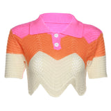 Sisterlinda Contrast Color Knitted Stitching Women 2Piece Set Short Sleeve Button T-Shirt+Mini Skirt Lady Vacation Matching