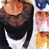 Women Long Sleeve See Through Beads Decor O Neck Waist Tight Sliming Blouse Top Spring Summer Blouse Women